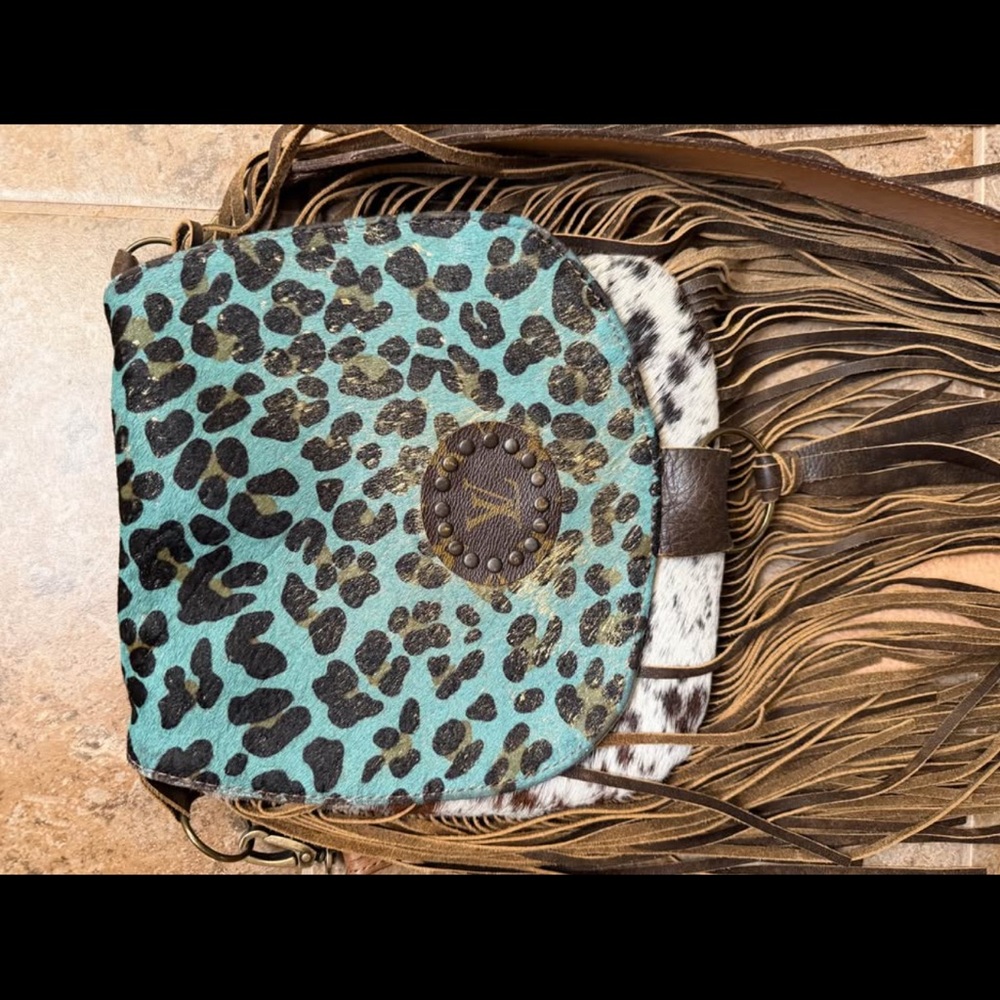 Teal Leopard Print Crossbody Bag with Fringe